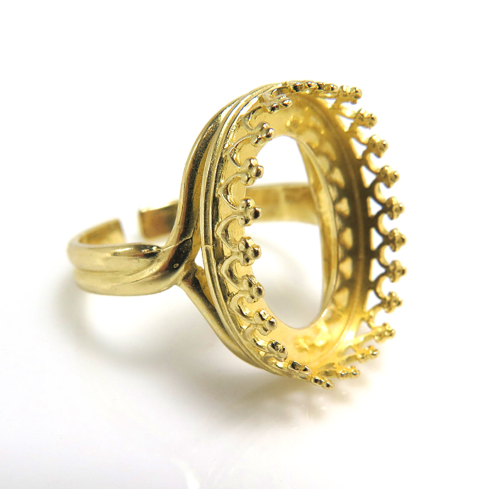 指輪リング空枠クラウン（ベゼルセッティング/カボション用）（オーバル16×12mm）（真鍮ブラス・ゴールドカラー）（1個）